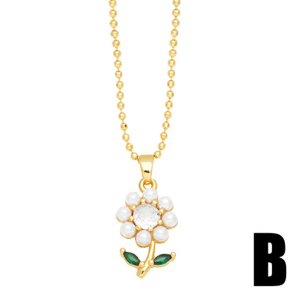 Simple Style Korean Style Cross Flower Copper 18k Gold Plated Zircon Pendant Necklace In Bulk