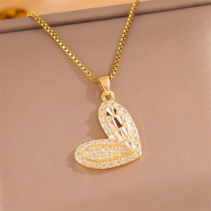 Elegant Simple Style Streetwear Heart Shape Flower Butterfly Stainless Steel Titanium Steel Plating Inlay Zircon 18k Gold Plated Pendant Necklace