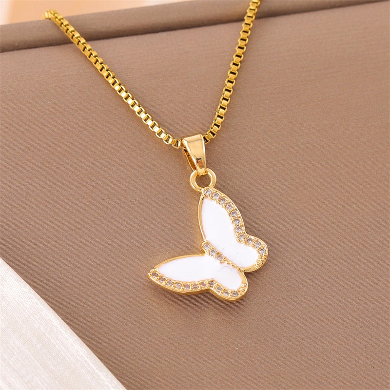 Elegant Simple Style Streetwear Heart Shape Flower Butterfly Stainless Steel Titanium Steel Plating Inlay Zircon 18k Gold Plated Pendant Necklace