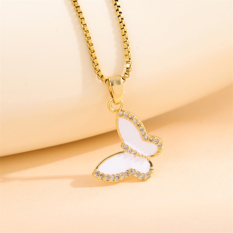 Elegant Simple Style Streetwear Heart Shape Flower Butterfly Stainless Steel Titanium Steel Plating Inlay Zircon 18k Gold Plated Pendant Necklace