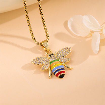 Retro Lady Roman Style Snake Bee Butterfly Stainless Steel Titanium Steel Enamel Plating Inlay Zircon 18k Gold Plated Pendant Necklace