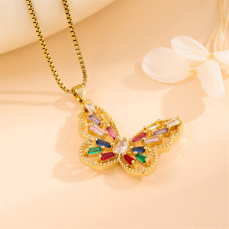 Retro Lady Roman Style Snake Bee Butterfly Stainless Steel Titanium Steel Enamel Plating Inlay Zircon 18k Gold Plated Pendant Necklace