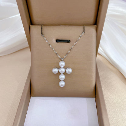 Titanium Steel Basic Modern Style Korean Style Inlay Cross Artificial Pearls Pendant Necklace