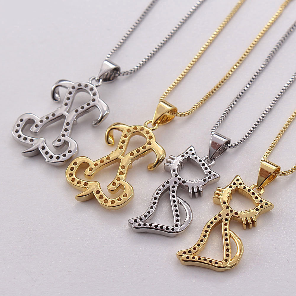 Ig Style Sweet Simple Style Animal Dog Cat Copper White Gold Plated Gold Plated Zircon Pendant Necklace In Bulk