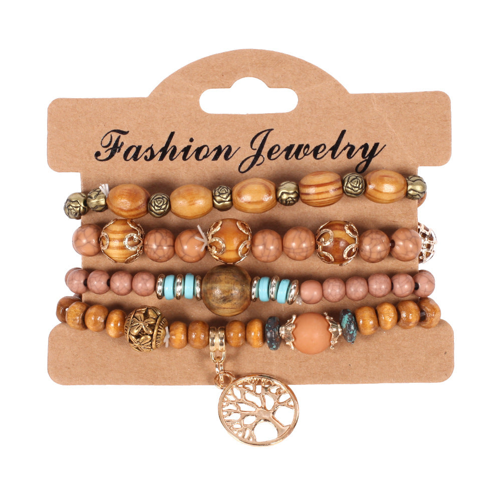 Bohemian Tree Flower Alloy Wooden Beads Charm Women's Bracelets