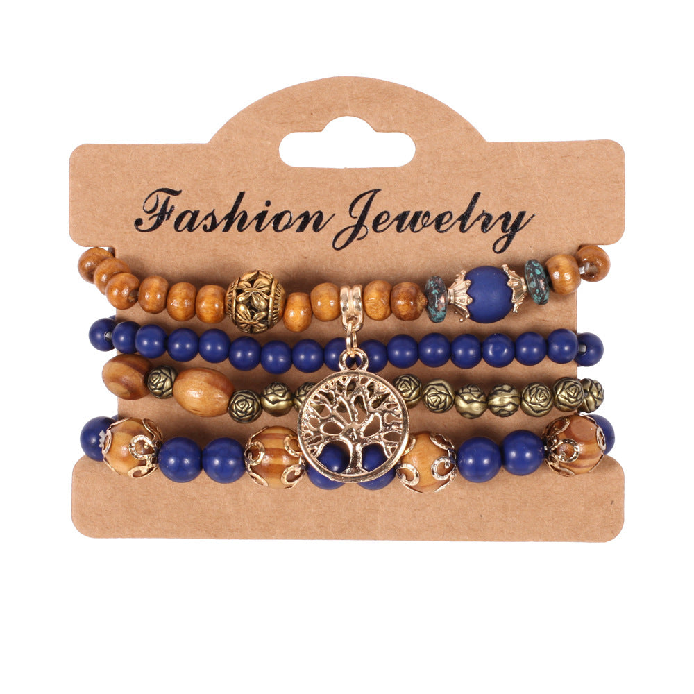 Bohemian Tree Flower Alloy Wooden Beads Charm Women's Bracelets