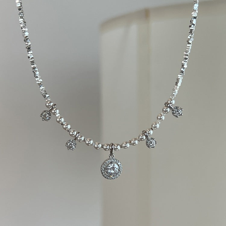 Retro Round Imitation Pearl Sterling Silver Inlay Zircon Necklace