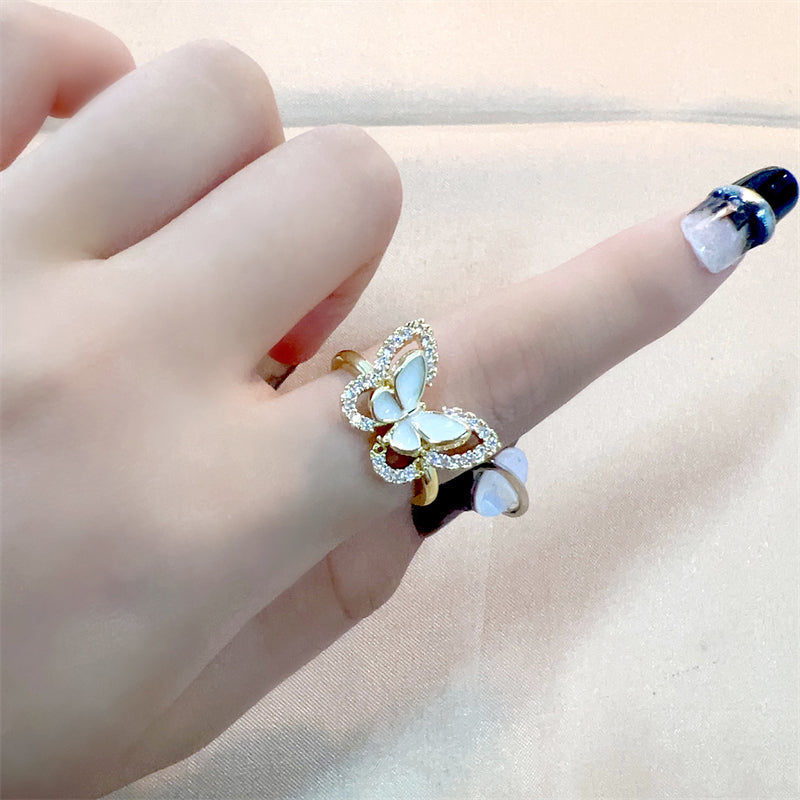 Casual Shiny Flower Butterfly Copper Zircon Open Rings In Bulk