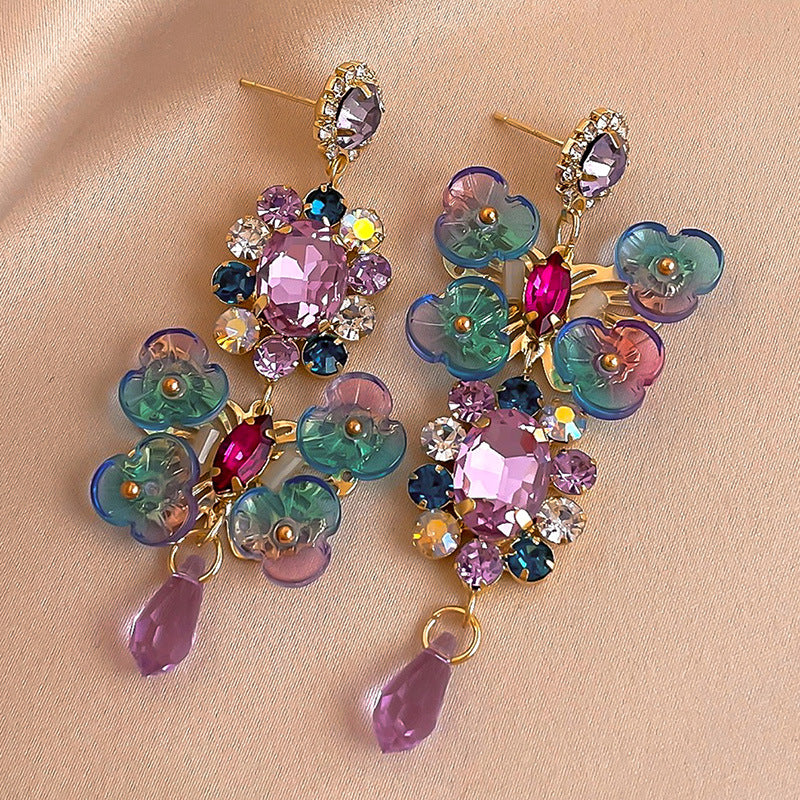 1 Pair Sweet Flower Inlay Copper Artificial Gemstones Drop Earrings