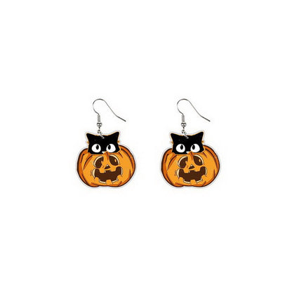 1 Pair Exaggerated Halloween Pattern Pumpkin Cat Wood Ear Hook