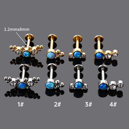 Classic Style Geometric Stainless Steel Inlay Opal Zircon Lip Stud Ear Studs