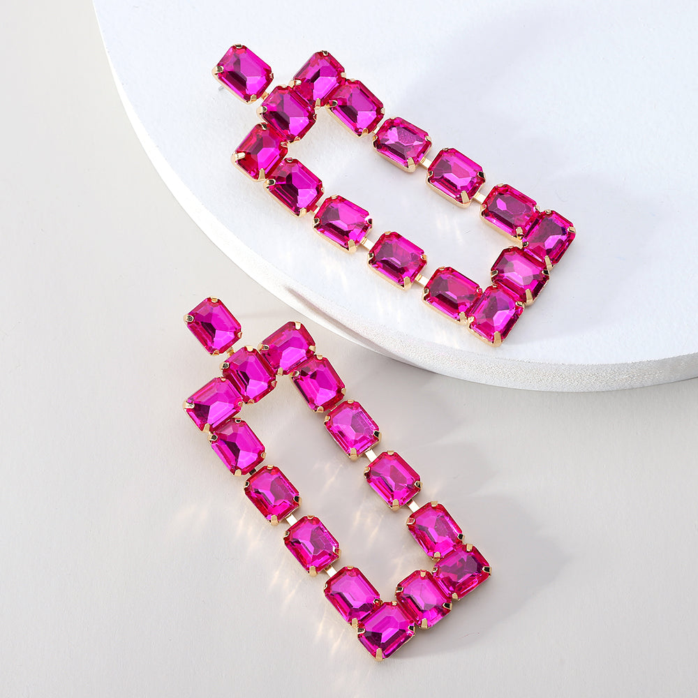 1 Pair Fashion Rectangle Rhinestone Glass Hollow Out Women's Chandelier Earrings