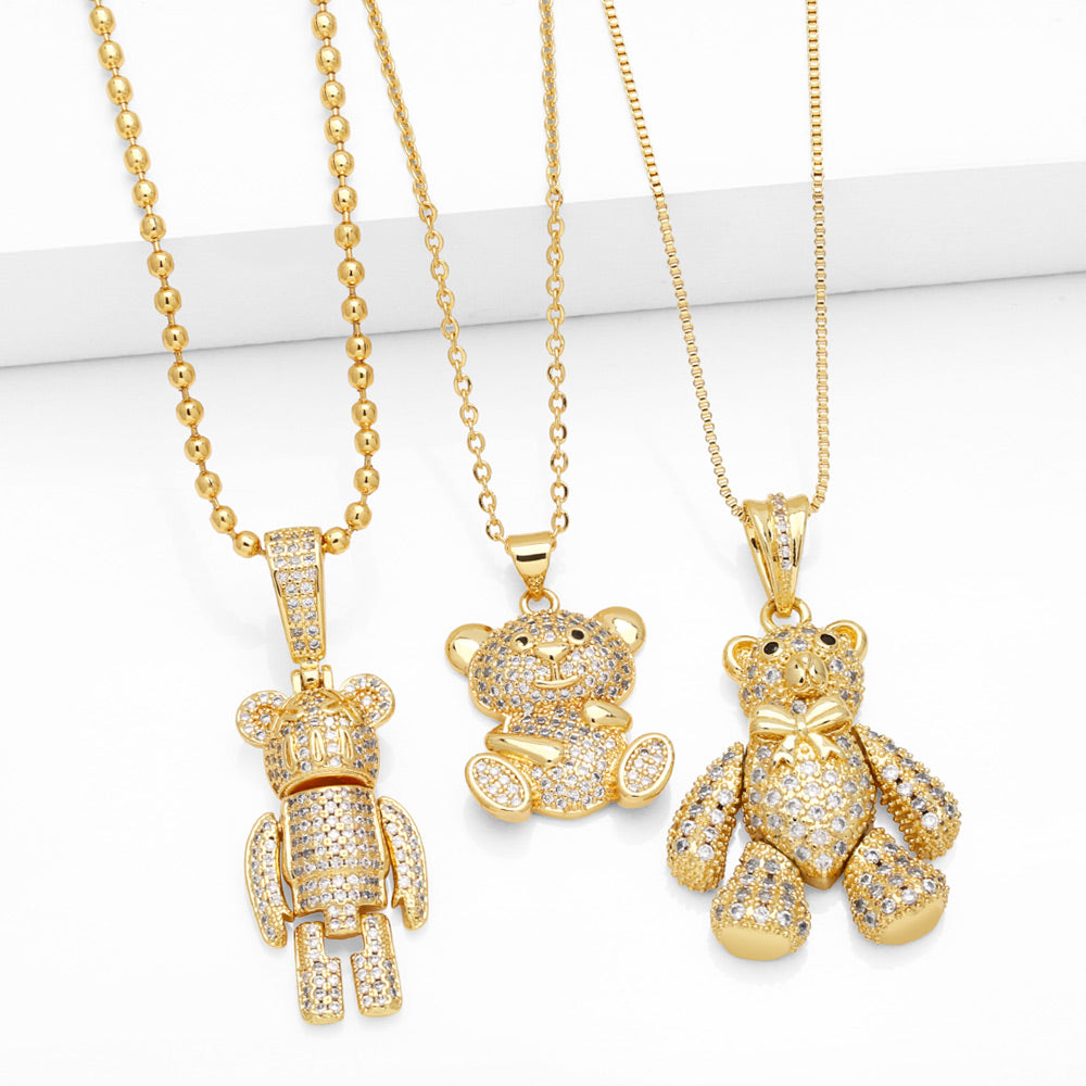 Cute Fashion Simple Style Little Bear Copper 18k Gold Plated Zircon Pendant Necklace In Bulk