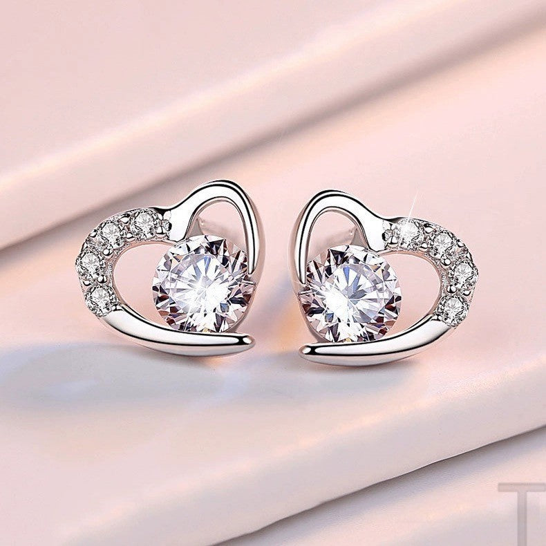 1 Pair Elegant Heart Shape Inlay Sterling Silver Zircon Ear Studs