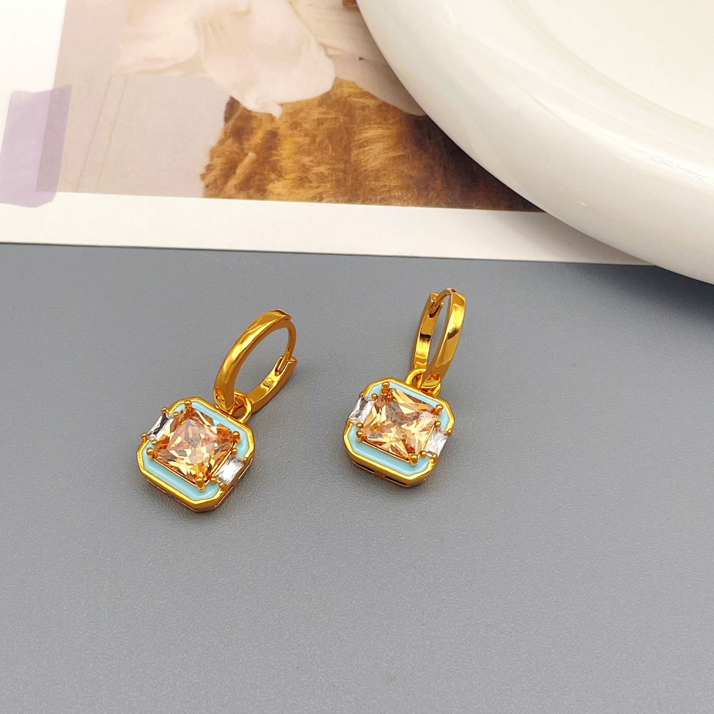 1 Pair Retro Square Inlay Brass Zircon Drop Earrings