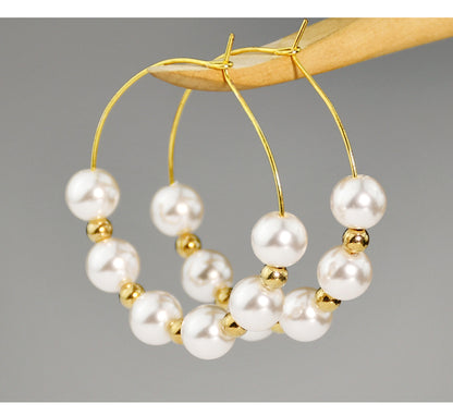 1 Pair Elegant Round Beaded Plating Stainless Steel Artificial Pearl Gold Plated Drop Earrings