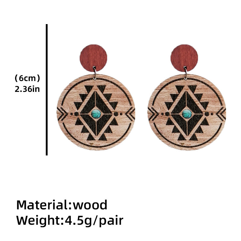 1 Pair Retro Water Droplets Printing Wood Drop Earrings