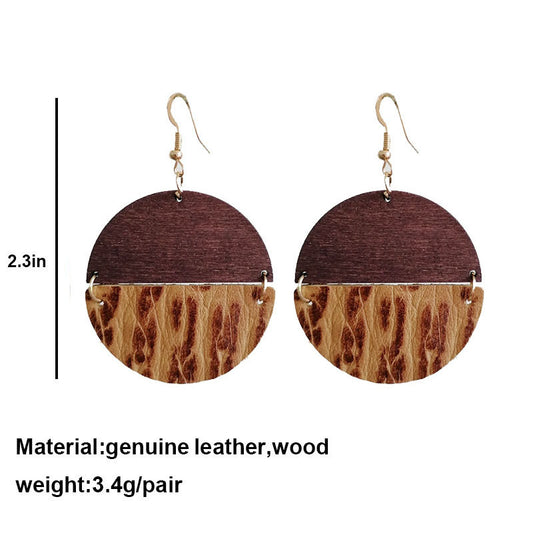 1 Pair Retro Round Patchwork Leather Drop Earrings