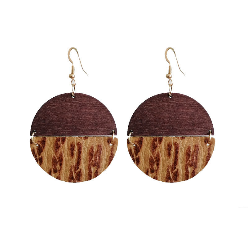 1 Pair Retro Round Patchwork Leather Drop Earrings