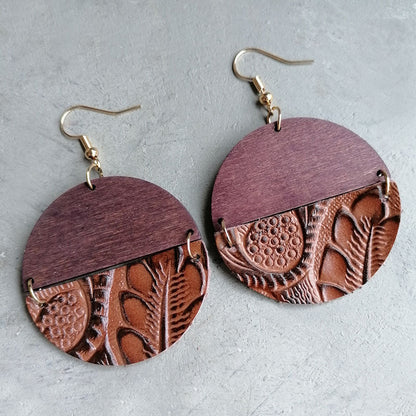 1 Pair Retro Round Patchwork Leather Drop Earrings