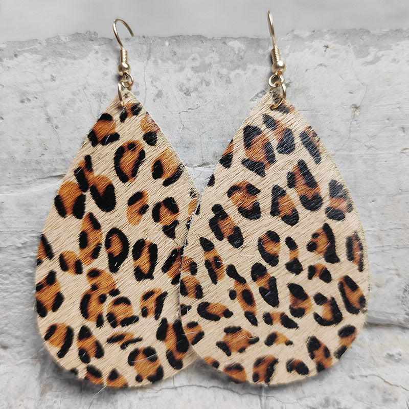 1 Pair Retro Water Droplets Printing Leather Copper Drop Earrings