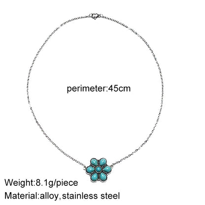 Retro Flower Alloy Titanium Steel Inlay Turquoise Women's Pendant Necklace