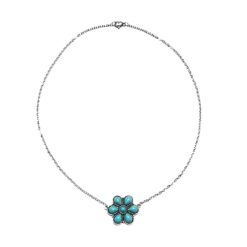 Retro Flower Alloy Titanium Steel Inlay Turquoise Women's Pendant Necklace