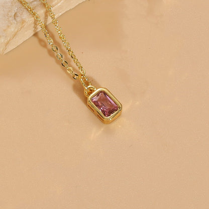 Elegant Classic Style Square Copper Plating Inlay Zircon 14k Gold Plated Pendant Necklace