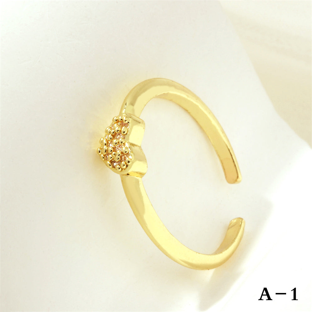 Luxurious Letter Heart Shape Copper 18k Gold Plated Zircon Open Rings In Bulk