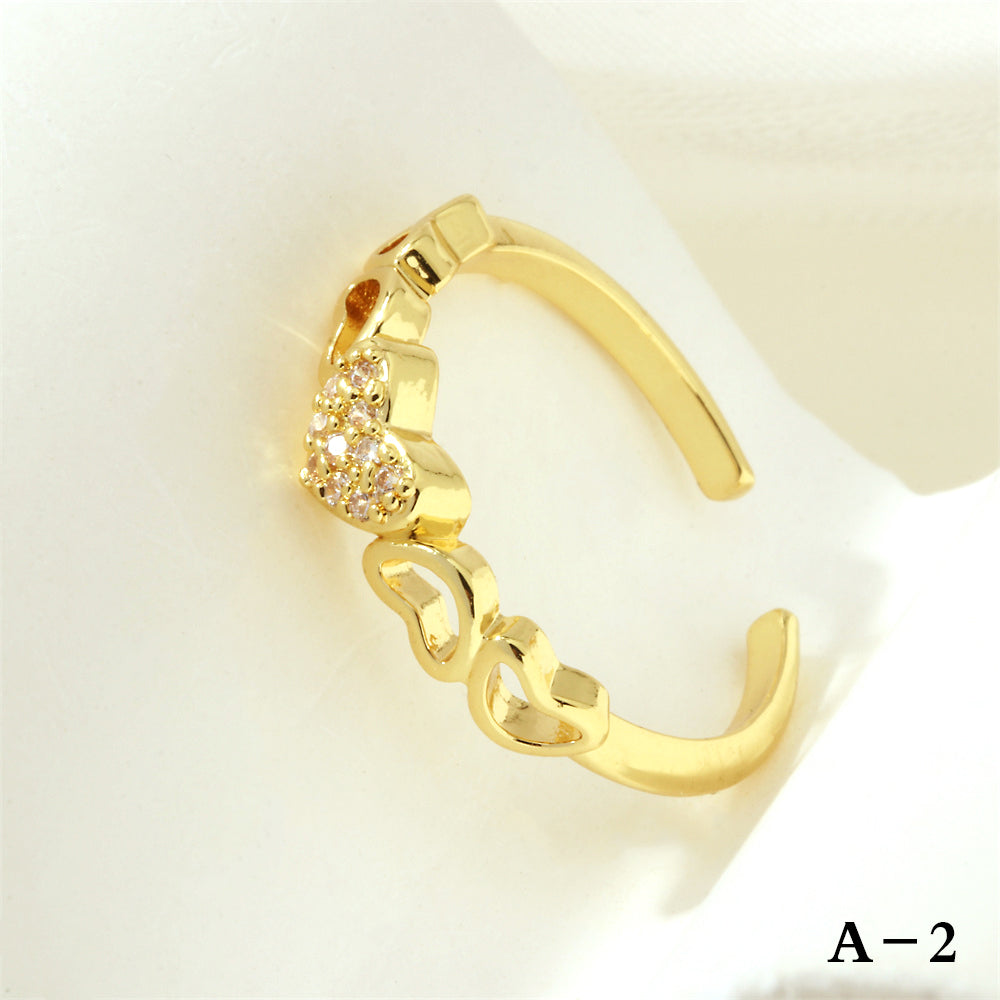 Luxurious Letter Heart Shape Copper 18k Gold Plated Zircon Open Rings In Bulk