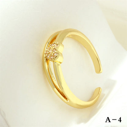 Luxurious Letter Heart Shape Copper 18k Gold Plated Zircon Open Rings In Bulk