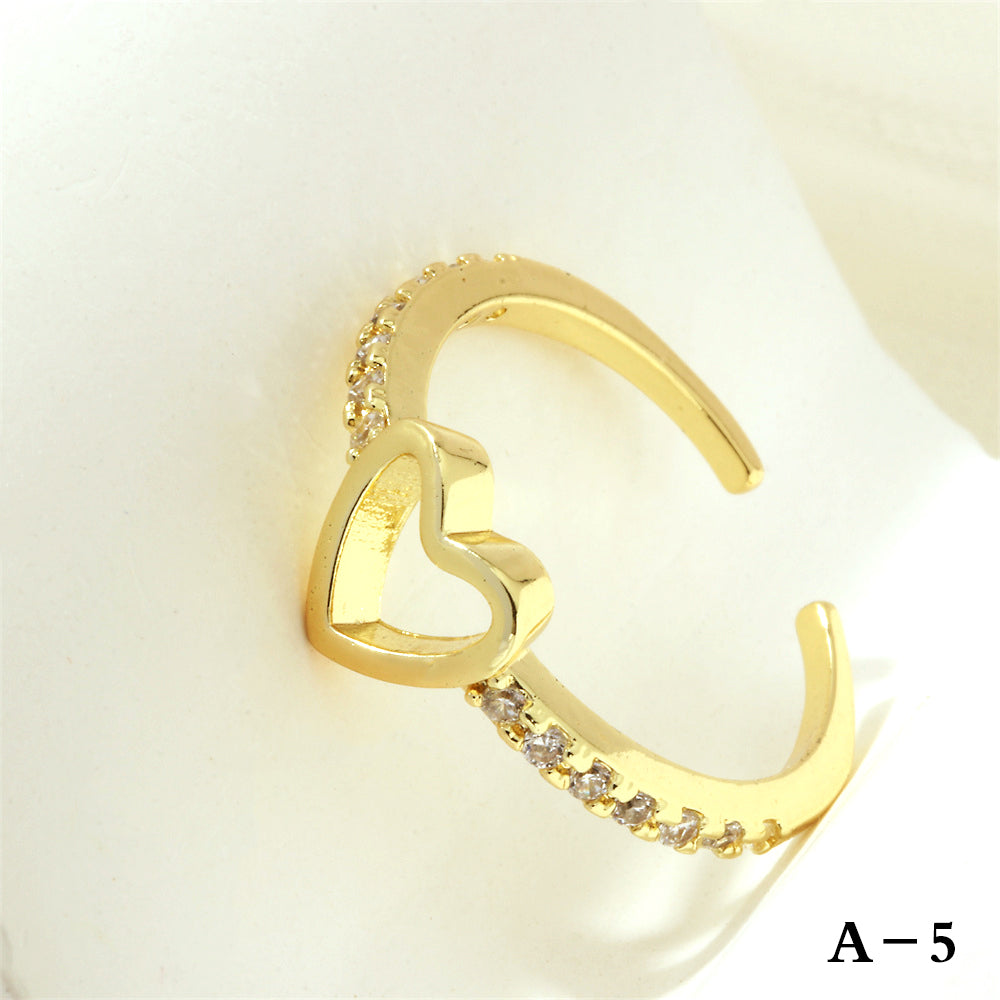 Luxurious Letter Heart Shape Copper 18k Gold Plated Zircon Open Rings In Bulk