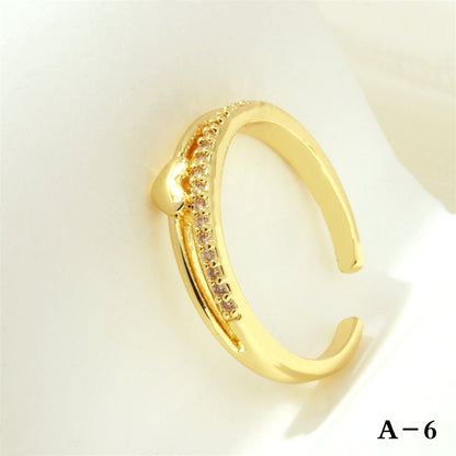 Luxurious Letter Heart Shape Copper 18k Gold Plated Zircon Open Rings In Bulk