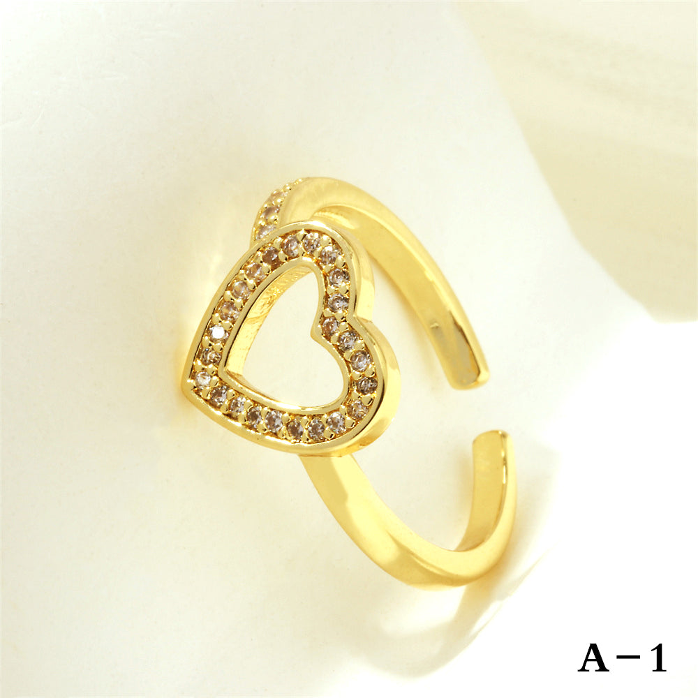 Simple Style Cross Heart Shape Fish Tail Copper Plating Inlay Zircon 18k Gold Plated Open Rings