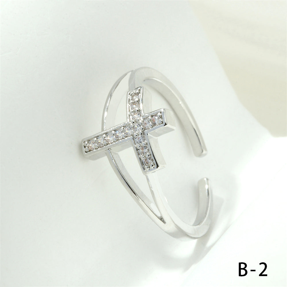 Simple Style Cross Heart Shape Fish Tail Copper Plating Inlay Zircon 18k Gold Plated Open Rings