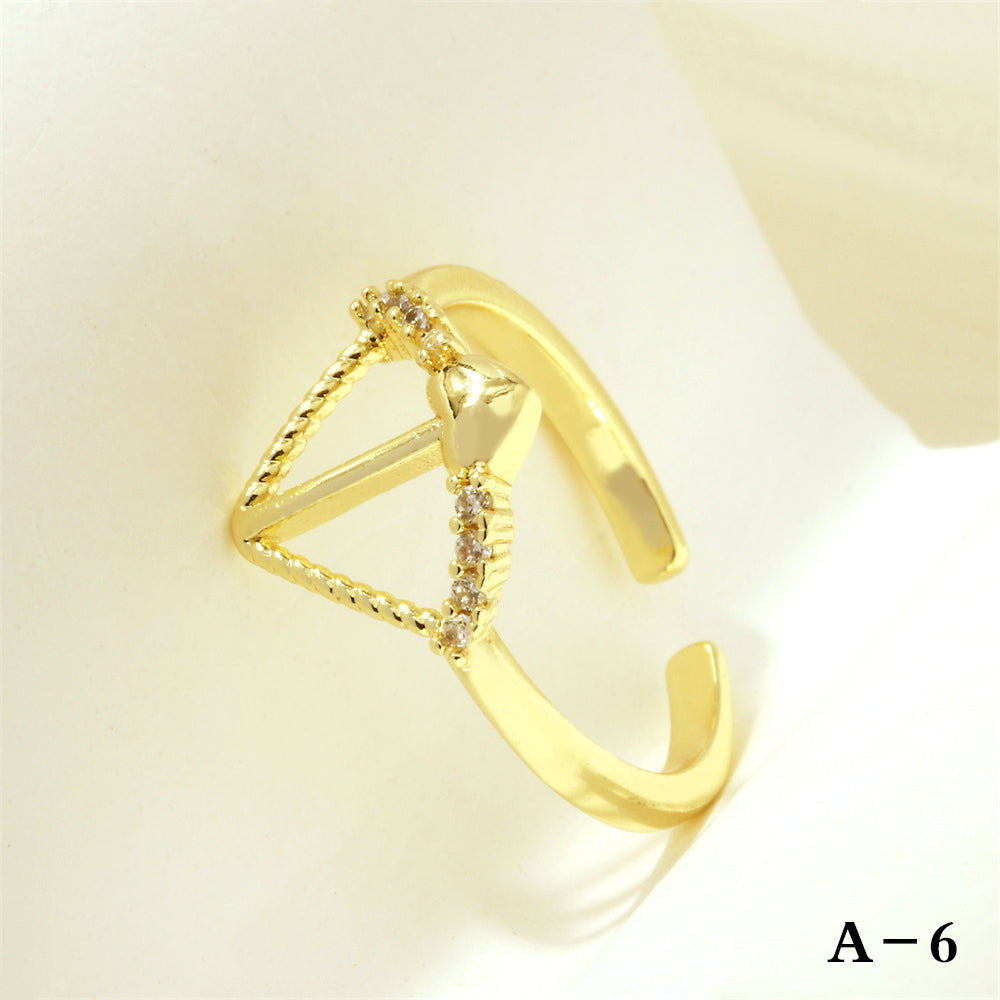 Simple Style Cross Heart Shape Fish Tail Copper Plating Inlay Zircon 18k Gold Plated Open Rings