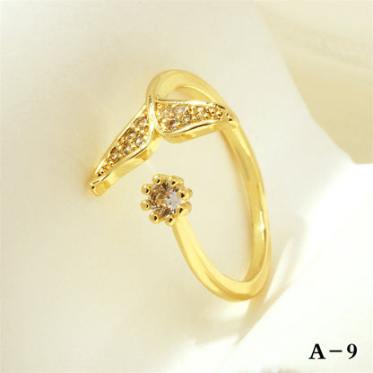 Simple Style Cross Heart Shape Fish Tail Copper Plating Inlay Zircon 18k Gold Plated Open Rings