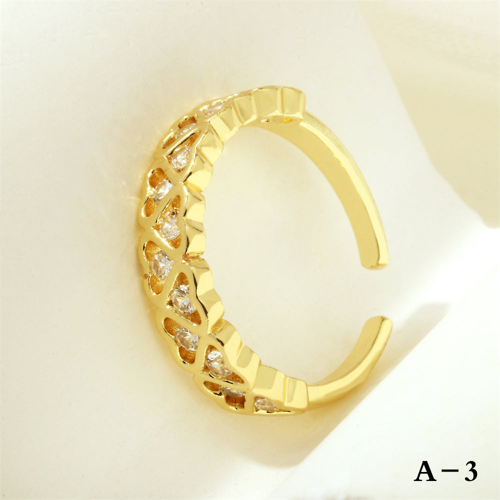 Luxurious Letter Heart Shape Copper 18k Gold Plated Zircon Open Rings In Bulk