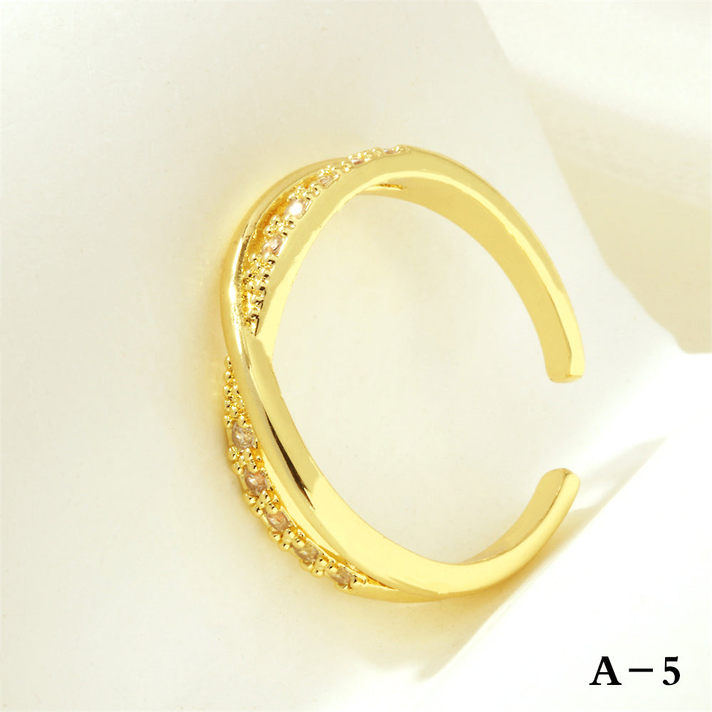 Simple Style Cross Letter Lines Copper Plating Inlay Zircon 18k Gold Plated Open Rings