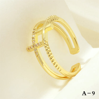 Simple Style Cross Letter Lines Copper Plating Inlay Zircon 18k Gold Plated Open Rings