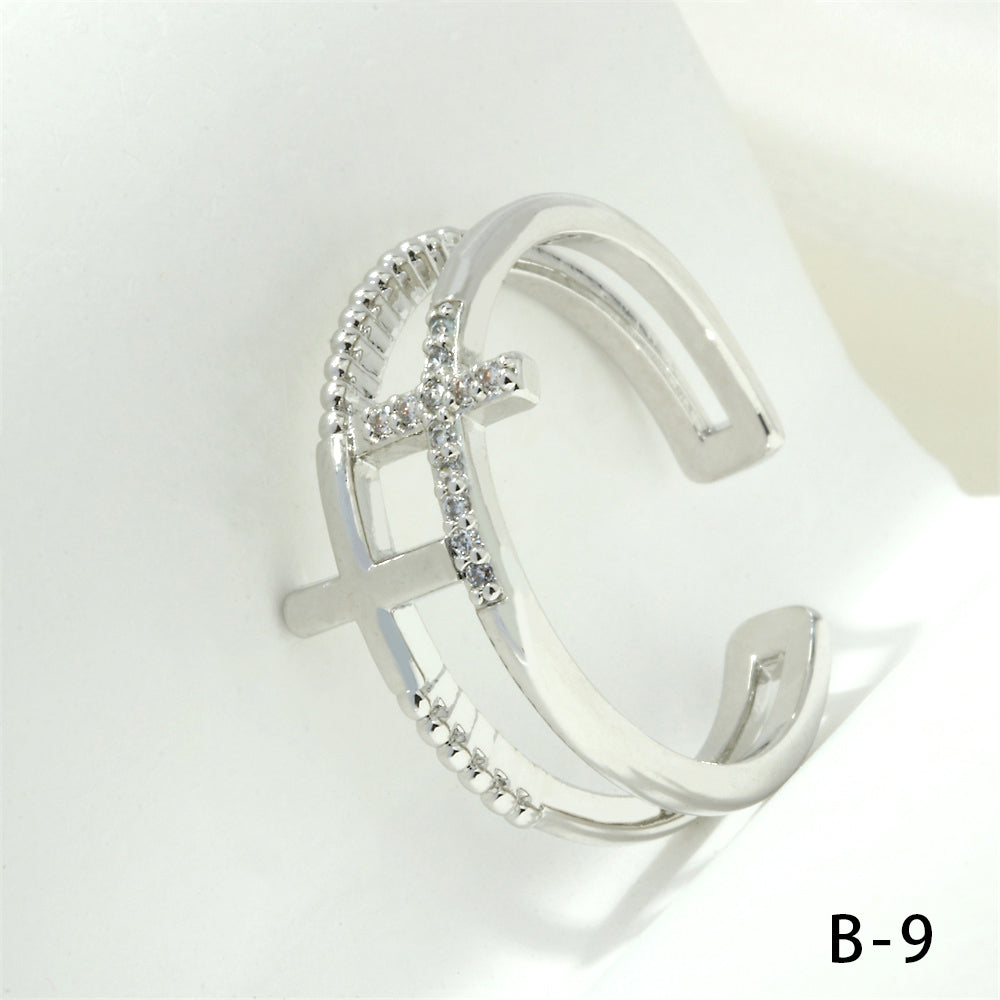 Simple Style Cross Letter Lines Copper Plating Inlay Zircon 18k Gold Plated Open Rings