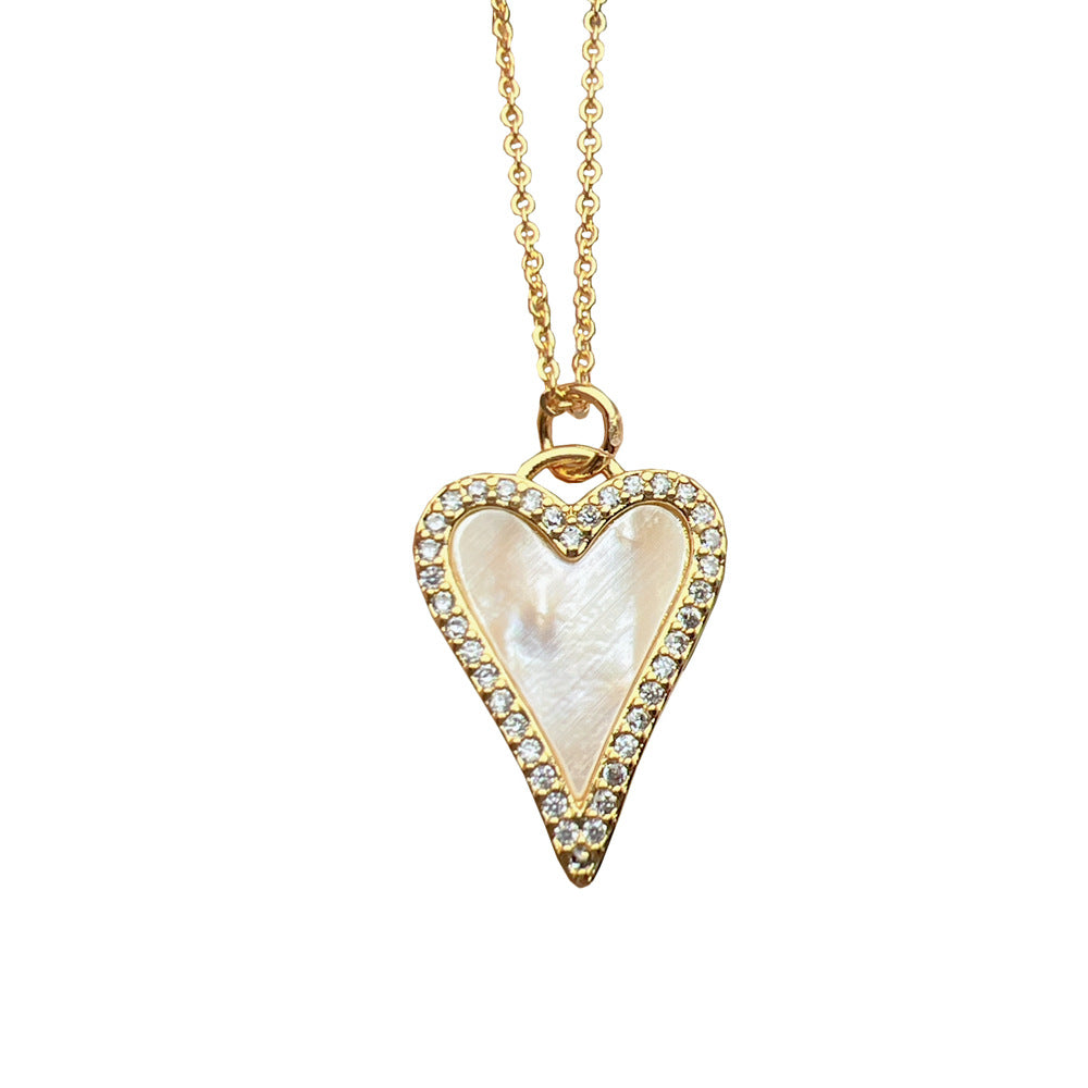 Sweet Simple Style Heart Shape Copper Plating Inlay Shell Zircon 18k Gold Plated Pendant Necklace