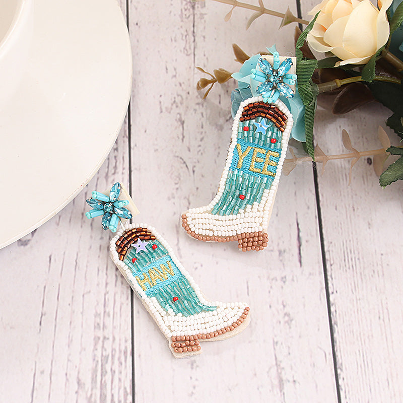 1 Pair Vacation Bohemian Boots Beaded Embroidery Inlay Cloth Glass Drop Earrings