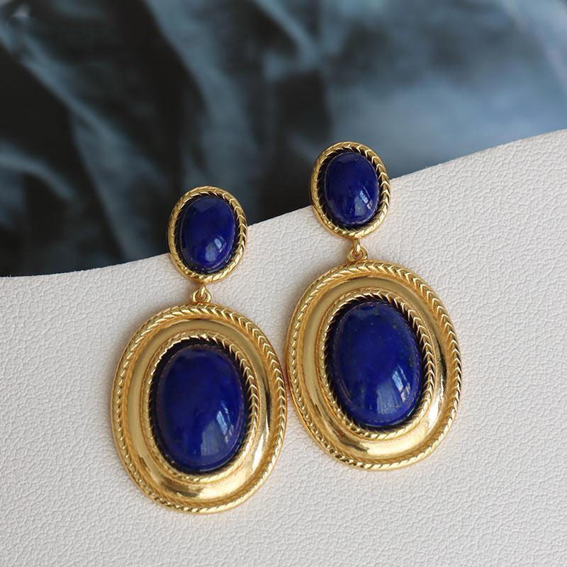 1 Pair Retro Oval Inlay Alloy Natural Stone Drop Earrings