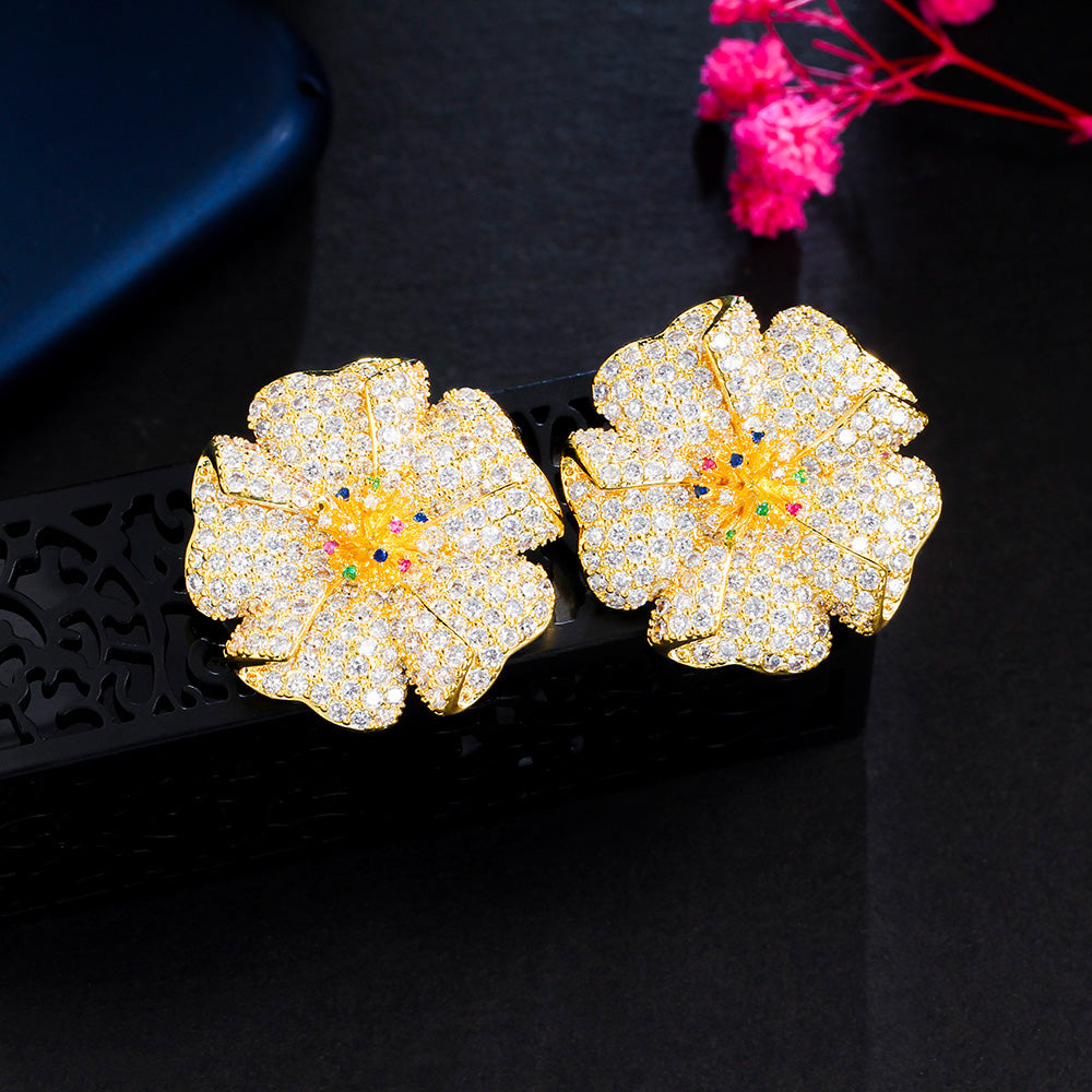 1 Pair Glam Wedding Shiny Round Plant Flower Plating Hollow Out Inlay Copper Zircon 18k Gold Plated Gold Plated Ear Studs