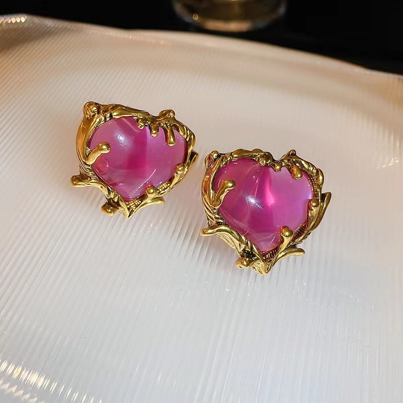 1 Pair Sweet Heart Shape Plating Inlay Alloy Gem Ear Studs