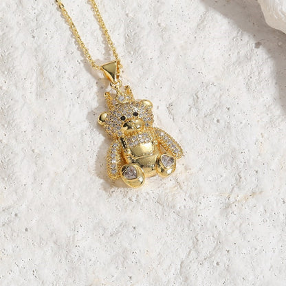 Cute Classic Style Bear Copper Plating Inlay Zircon 14k Gold Plated Pendant Necklace