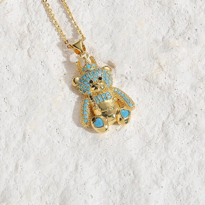 Cute Classic Style Bear Copper Plating Inlay Zircon 14k Gold Plated Pendant Necklace