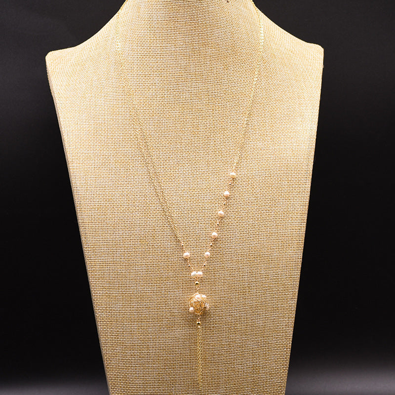 Retro Oval Freshwater Pearl Copper Beaded Plating 18k Gold Plated Necklace