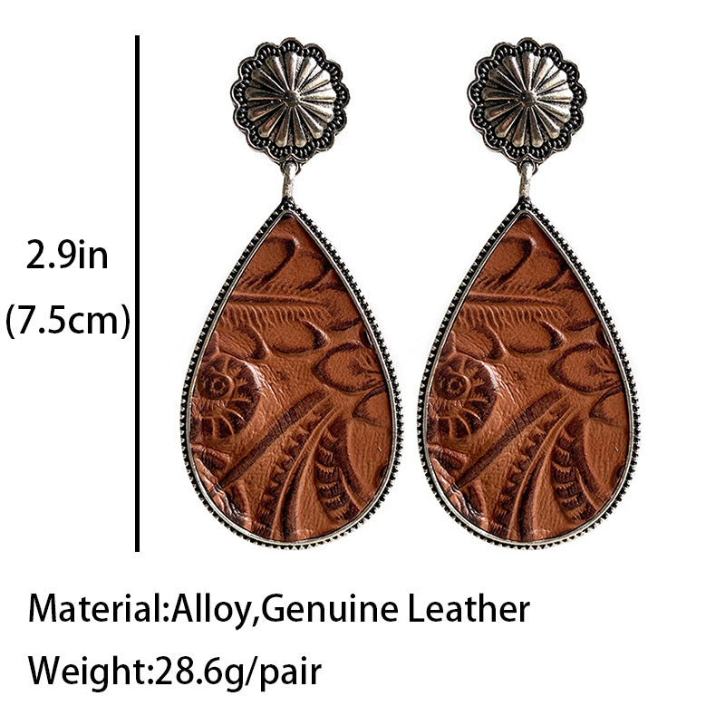 1 Pair Retro Flower Alloy Leather Drop Earrings